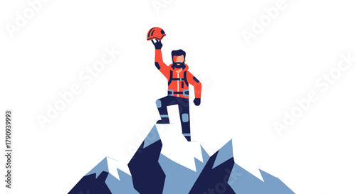 Triumphant Hiker On Summit Reaching Success, Celebrating Achievement, Mountain Top Vista