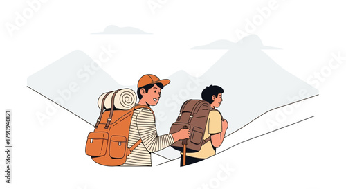 Two Friends Enjoying Hiking Adventure Together On a Sunny Day Up In the Mountains