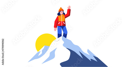 Triumphant Hiker On Summit Reaching Toward The Sunshine, Victory And Achievement