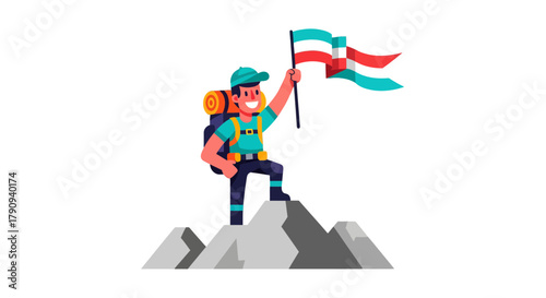 Triumphant Hiker On Summit: Vector Illustration Of Adventure And Success Achieved