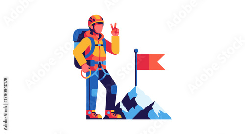 Triumphant Hiker On Summit Reaching Victory Displaying Peace Sign High Up in Mountains