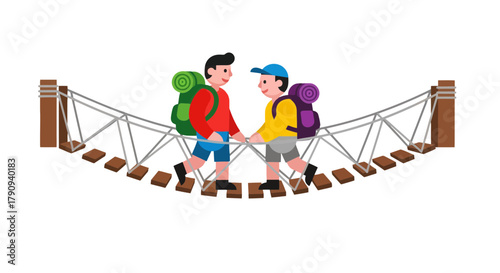 Two Friends Exploring A Suspension Bridge In A Symbolic Cartoon Adventure