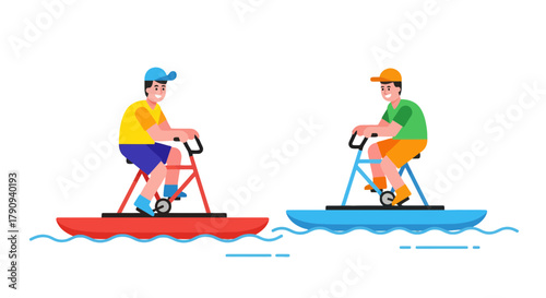 Two Friends Enjoying Water Activities On Creative Pedal Boats Against Black Background
