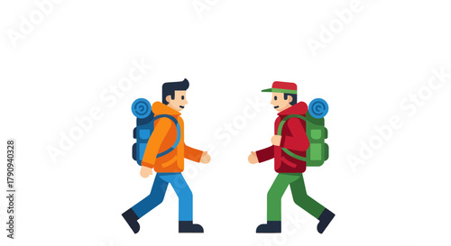 Two Friends Exploring Together: Vector Illustration of Hikers with Backpacks Against Black
