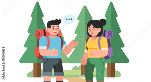 Two Friends Exploring Nature With Backpacks While Having a Conversation Outdoors