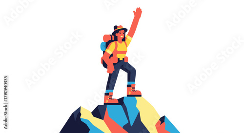 Triumphant Hiker Reaching Summit Celebrates Victory on a Mountain Peak in Vector Style