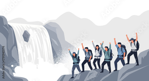Triumphant Hikers Celebrate A Wilderness Achievement Beside A Stunning Waterfall Cascade