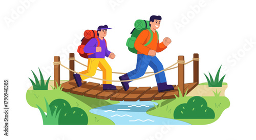 Two Friends Hiking Over Wooden Bridge in a Colorful Illustration Adventure Outdoors