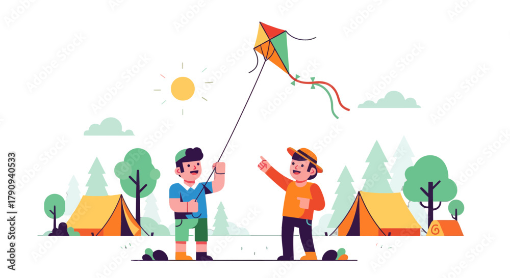 Fototapeta premium Two Friends Playing With a Kite in Nature's Embrace During a Leisurely Time