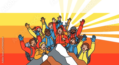 Triumphant Hikers Celebrate Peak Triumph Achieving Goals Together With Joyful Gestures