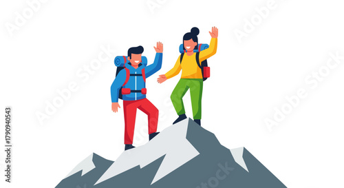 Triumphant Hikers Celebrate Success At Mountain Summit With Backpacks On Black Background