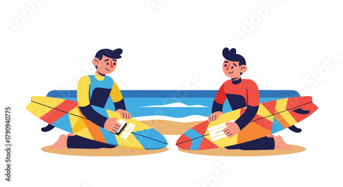 Two Friends Preparing Their Surfboards For An Adventure on The Beach Shore