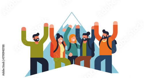 Triumphant Hikers Celebrating Accomplishment At The Summit With Mountains In Backdrop