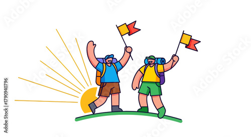 Triumphant Hikers Celebrating Their Adventure on Sunny Ascent in Vivid Illustration