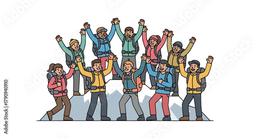 Triumphant Hikers Celebrating Their Peak Achievement With Exuberant Mountain Views