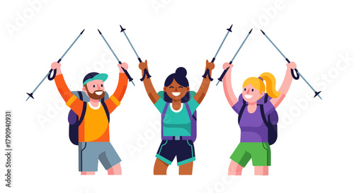 Triumphant Hikers Celebrating Their Nature Adventure With Trekking Poles and Smiles