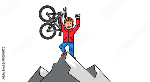 Triumphant Mountain Biker Celebrating Victory While Holding Bicycle on A Summit Peak