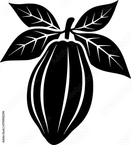 Striking silhouette of a cacao pod with leaves features bold black and white contrast
