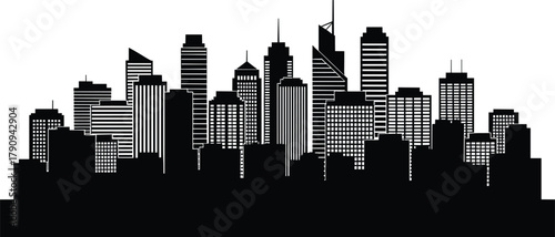 Modern city skyline silhouette, urban building vector illustration, downtown architecture design, metropolitan landscape graphic art