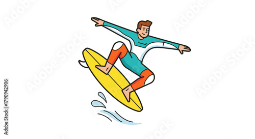 Thrilling Surf Adventure: Surfer Displaying an Amazing Stunt on a Bright Yellow Board