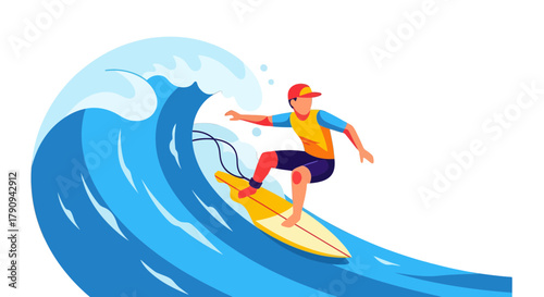 Thrilling Surf Adventure: Vector Illustration Of A Surfer Riding A Massive Wave