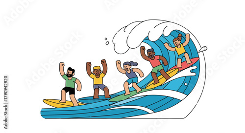 Thrilling Surf Adventure: Friends Catching Waves In A Colorful Illustration