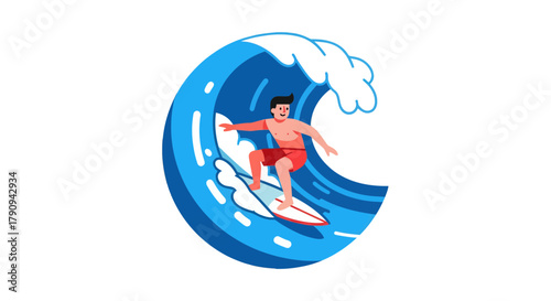 Thrilling Surfer Riding a Cresting Wave in Vibrant Illustration on Black Background