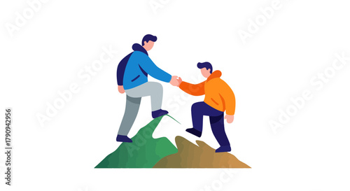 Teamwork And Support Depicted By Two Individuals Ascending A Mountain Together
