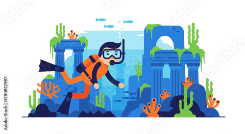 Thrilling Underwater Experience Showcasing Diver Exploring Sunken Ruins Amidst Aquatic Life