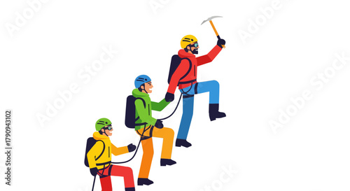 Three Climbers Ascending a Wall, Illustrating Teamwork and Reaching the Summit.
