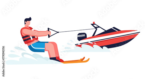 Thrilling Waterskiing Adventure Depicted Against a Striking Backdrop Illustration