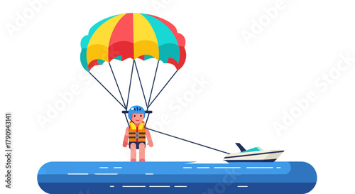 Thrilling Watersport: Parasailing Amidst Vivid Colors and Serene Ocean Ambiance