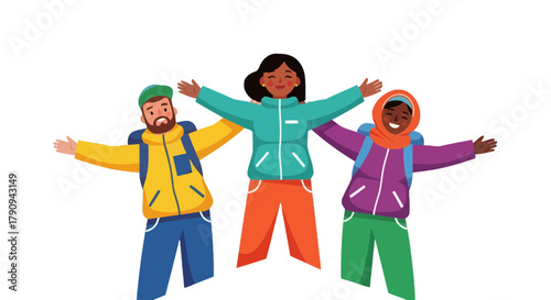 Three Hikers With Arms Outspread Embrace in Unity and Exuberance Together