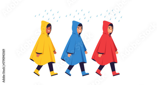 Three Individuals Walking In Rain With Colorful Raincoats Under Drizzling Sky
