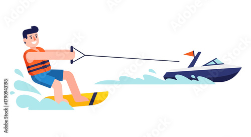 Thrilling Watersports Adventure: A Young Man Gliding on Surface Behind Motorboat Recreation