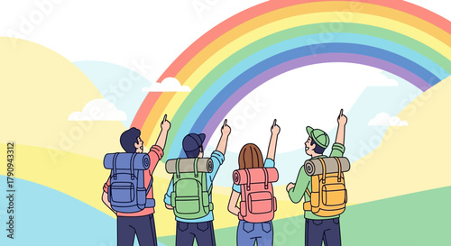 Thrilled Backpackers Spotting A Majestic Rainbow Above A Serene, Lush Landscape