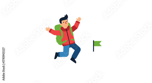 Thrilled Hiker Reaching Goal, Celebrating Success with Green Flag at Destination