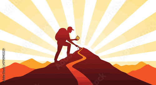 Time Management And Determination Depicted Through A Hiker's Climbing Endeavor Illustration