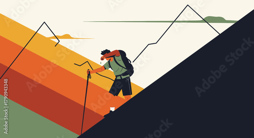 Tired Hiker Climbing Steep Mountain, Striking Illustration Depicting Effort and Perseverance