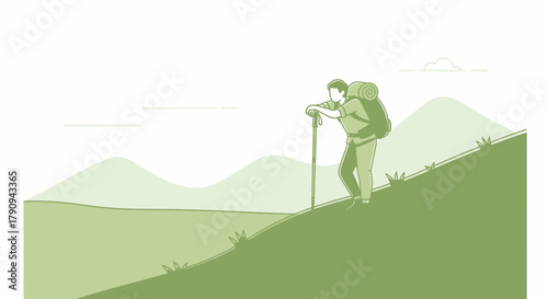 Tired Hiker Leaning on Pole While Ascending a Steep Hill Against a Mountain Background