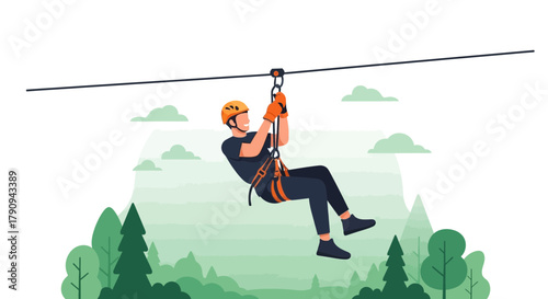 Thrilling Adventure: A Person Zip Lining Through a Lush Green Forest And Clear Skies