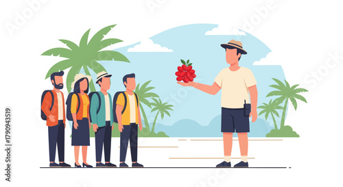 Tour Guide Explaining a Fruit to a Group of Tourists in a Tropical Environment