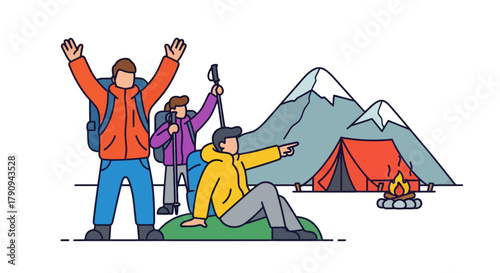 Thrilling Camping Adventure Depicted with Friends Near Majestic Mountains in an Illustration