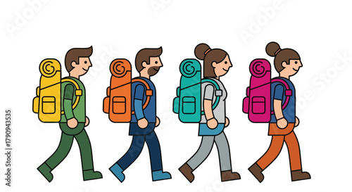 Tourists Adventuring Together With Backpacks Walking Along During The Day And Having Fun