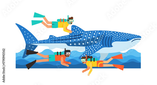 Thrilling Encounter: Divers Explore The Ocean Alongside a Magnificent Whale Shark Illustration