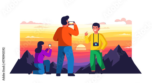 Tourists Capture Majestic Sunset Over Rugged Mountains with Mobile Devices