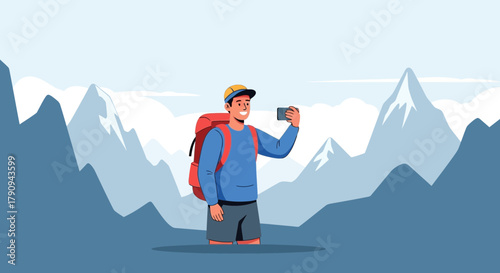 Thrilling Hiker Capturing Smartphone Image Against Majestic Mountain Range