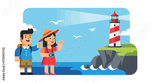 Tourists Discovering Scenic Coastal Beauty Near a Striped Lighthouse on a Sunny Day