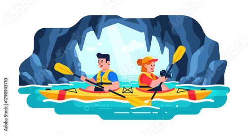 Thrilling Kayaking Adventure Through Cave Featuring Adventurous Explorers in Bright Sunlight