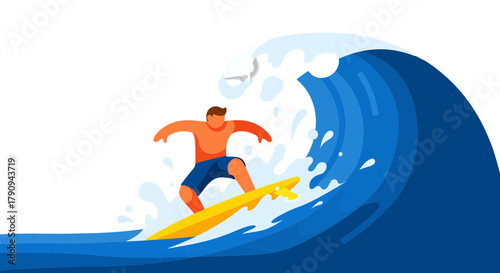 Thrilling Moment: A Surfer Riding A Massive Wave Under A Dark Sky